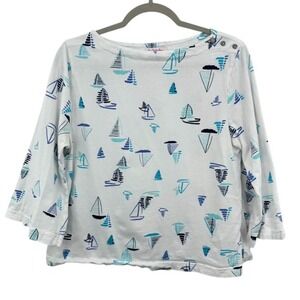 Fresh Produce Sailboat Print Boatneck Top Nautical 3/4 Sleeve White Blue‎